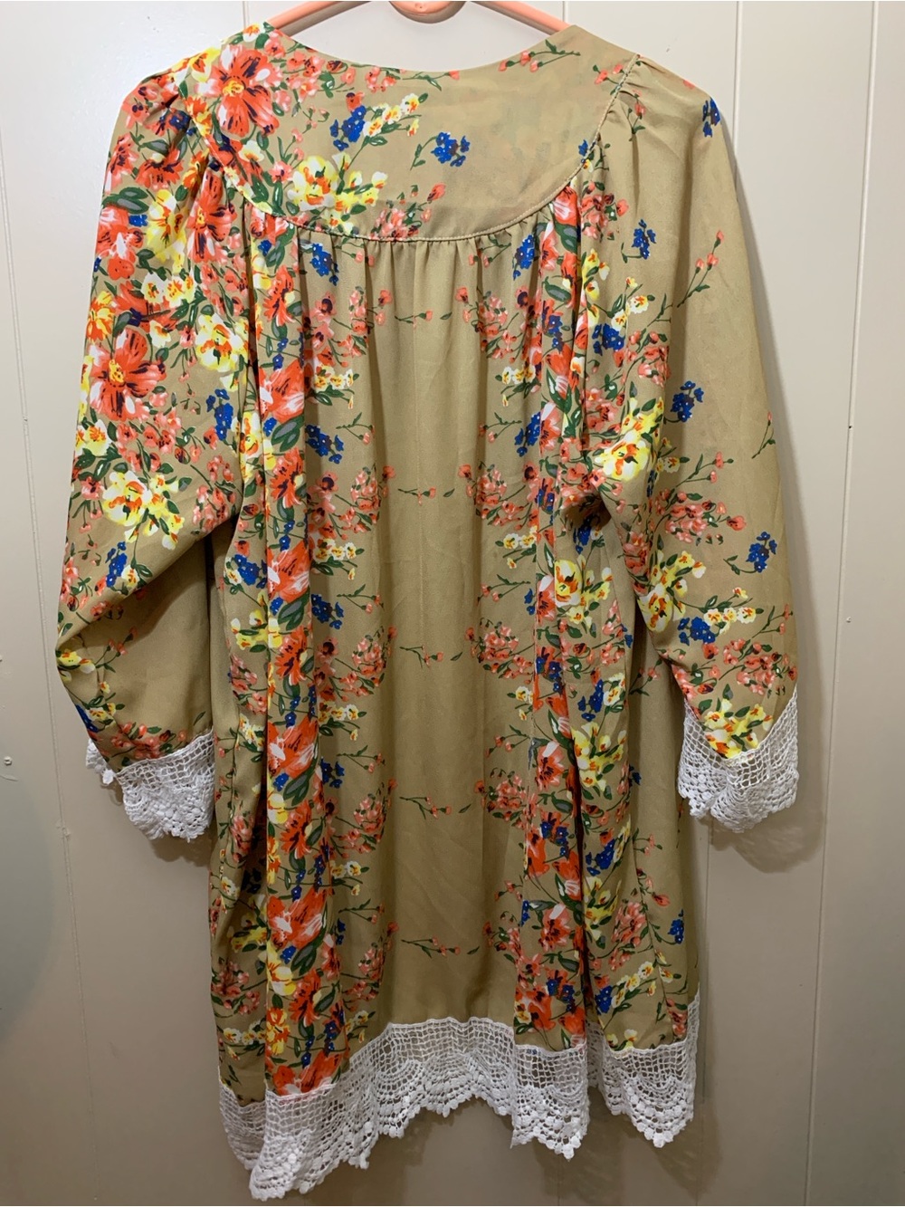 Women’s M Floral Crochet Trim Kimono Cardigan - Tan - Picture 3 of 6